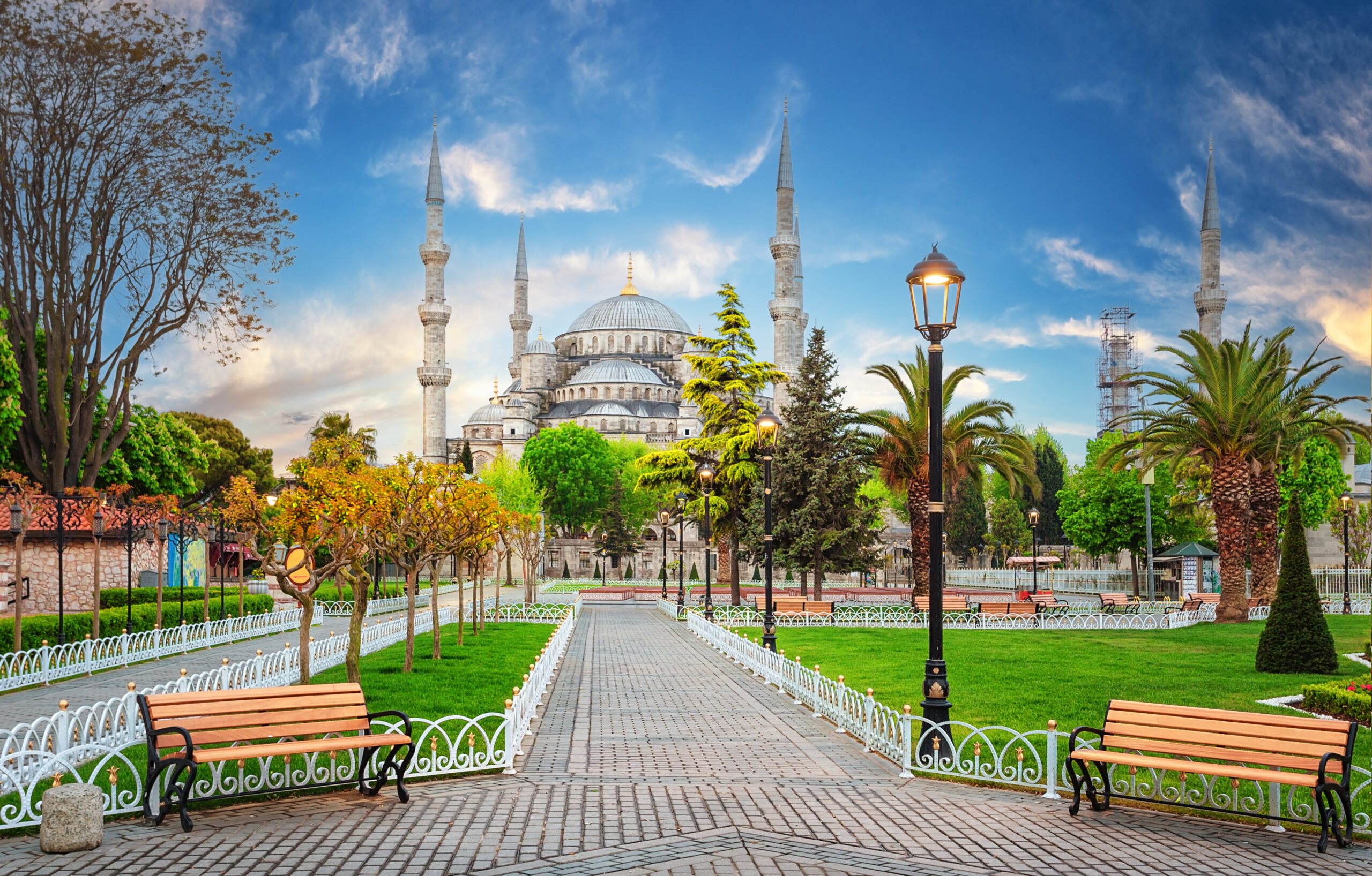 Sultanahmet Mosque or Blue Mosque in Istanbul by day. Park and lawns with green grass in the foreground. Turkey